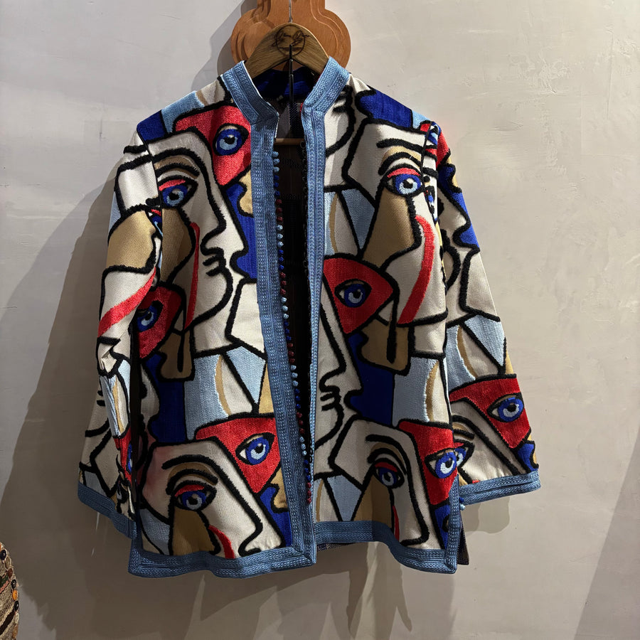 Handmade Moroccan Kimono Jacket: Cubist Face Embroidered Boho Outerwear