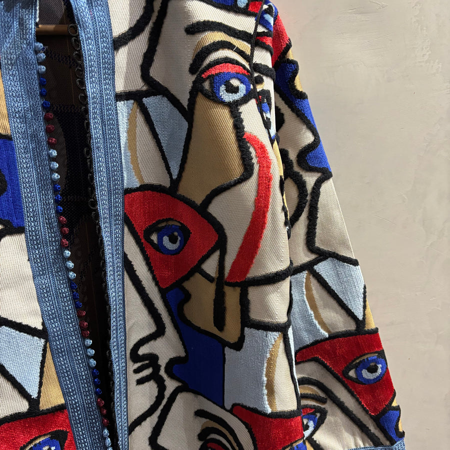 Handmade Moroccan Kimono Jacket: Cubist Face Embroidered Boho Outerwear