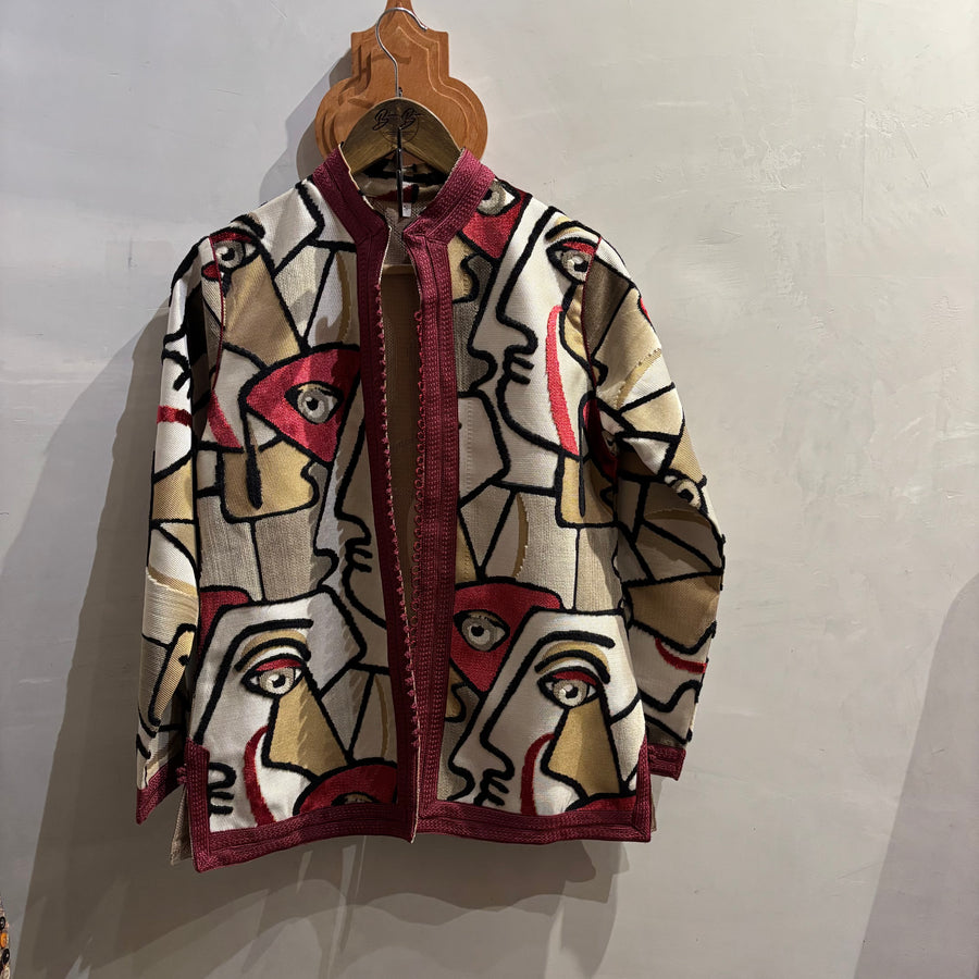 Handmade Moroccan Kimono Jacket: Cubist Face Embroidered Boho Outerwear