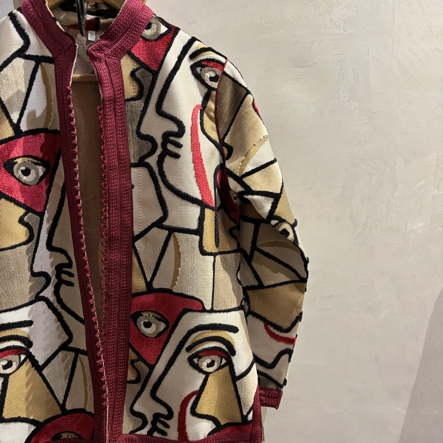 Handmade Moroccan Kimono Jacket: Cubist Face Embroidered Boho Outerwear