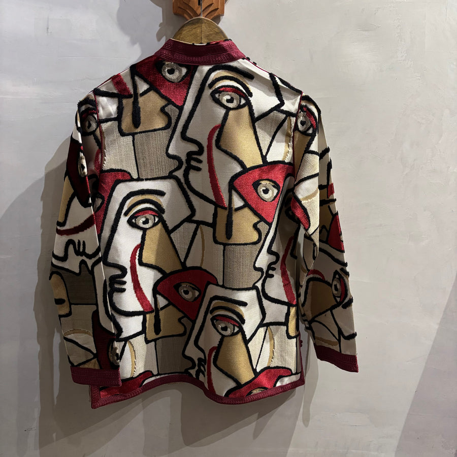 Handmade Moroccan Kimono Jacket: Cubist Face Embroidered Boho Outerwear