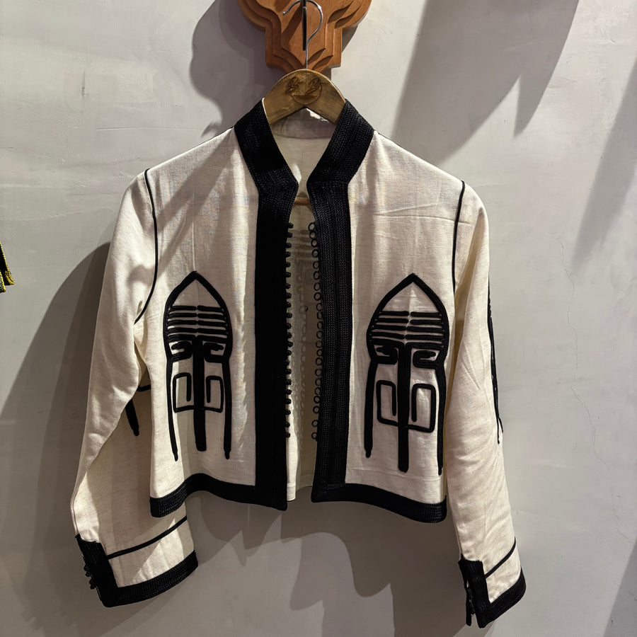 Handmade Linen Jacket: Black Embroidery, Moroccan Boho Cropped Blazer